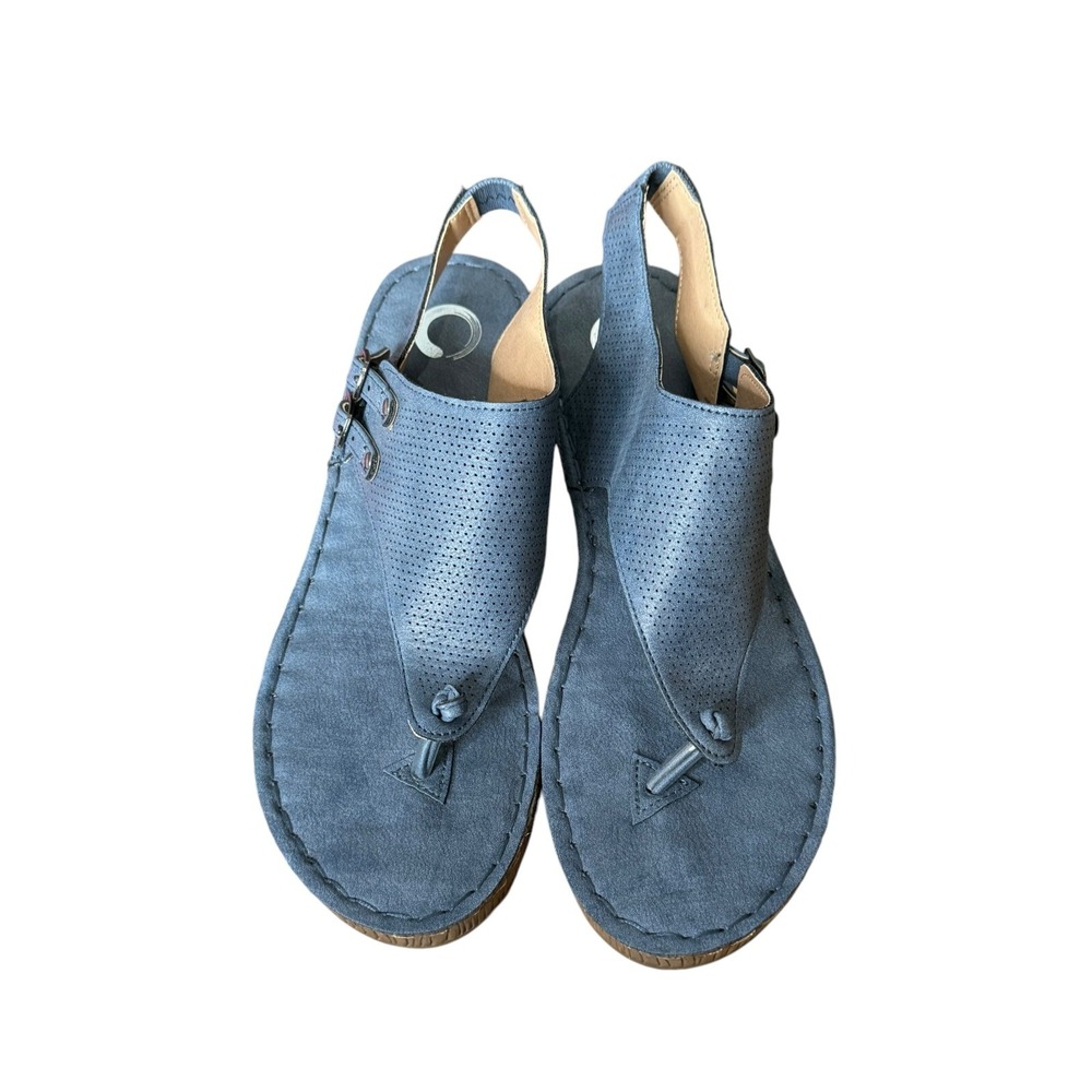 McKell Women's Sandal Wedge Heel Faux Round Toe Leather Buckle Blue Sz. 7.5